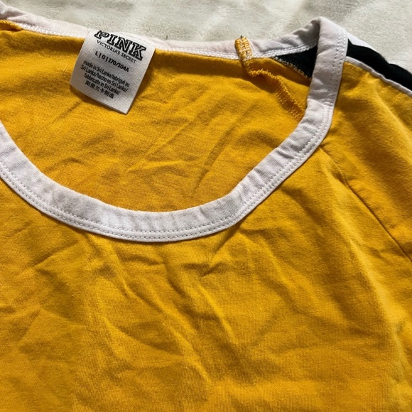 PINK Victoria's Secret Yellow Long Sleeve Tee with Striped Sleeves L - Picture 2 of 5